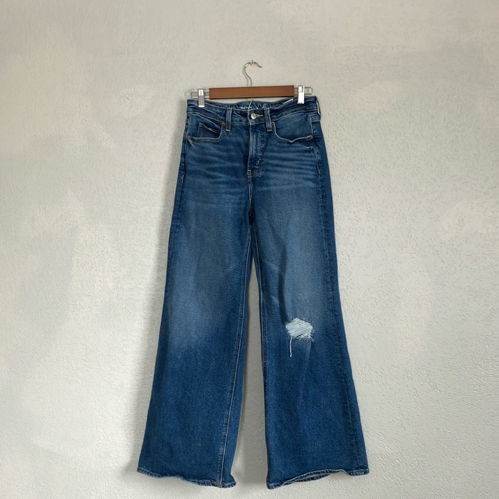 Old Navy Blue Flare Wide Leg Jeans with Distressed Detail